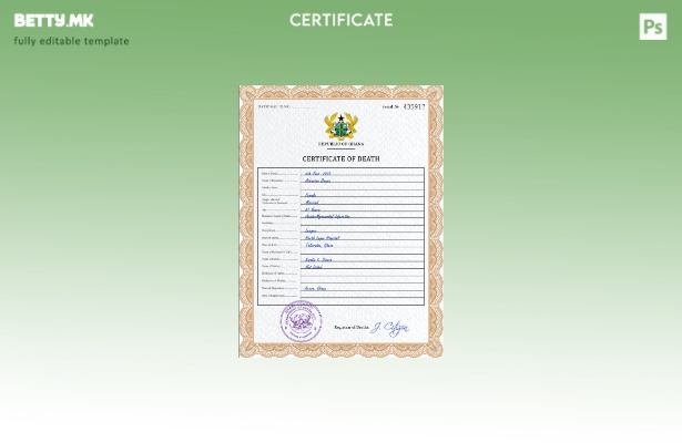 Модерен стил Шаблон за шаблон за PSD сертификат за смрт од витален рекорд во Ган